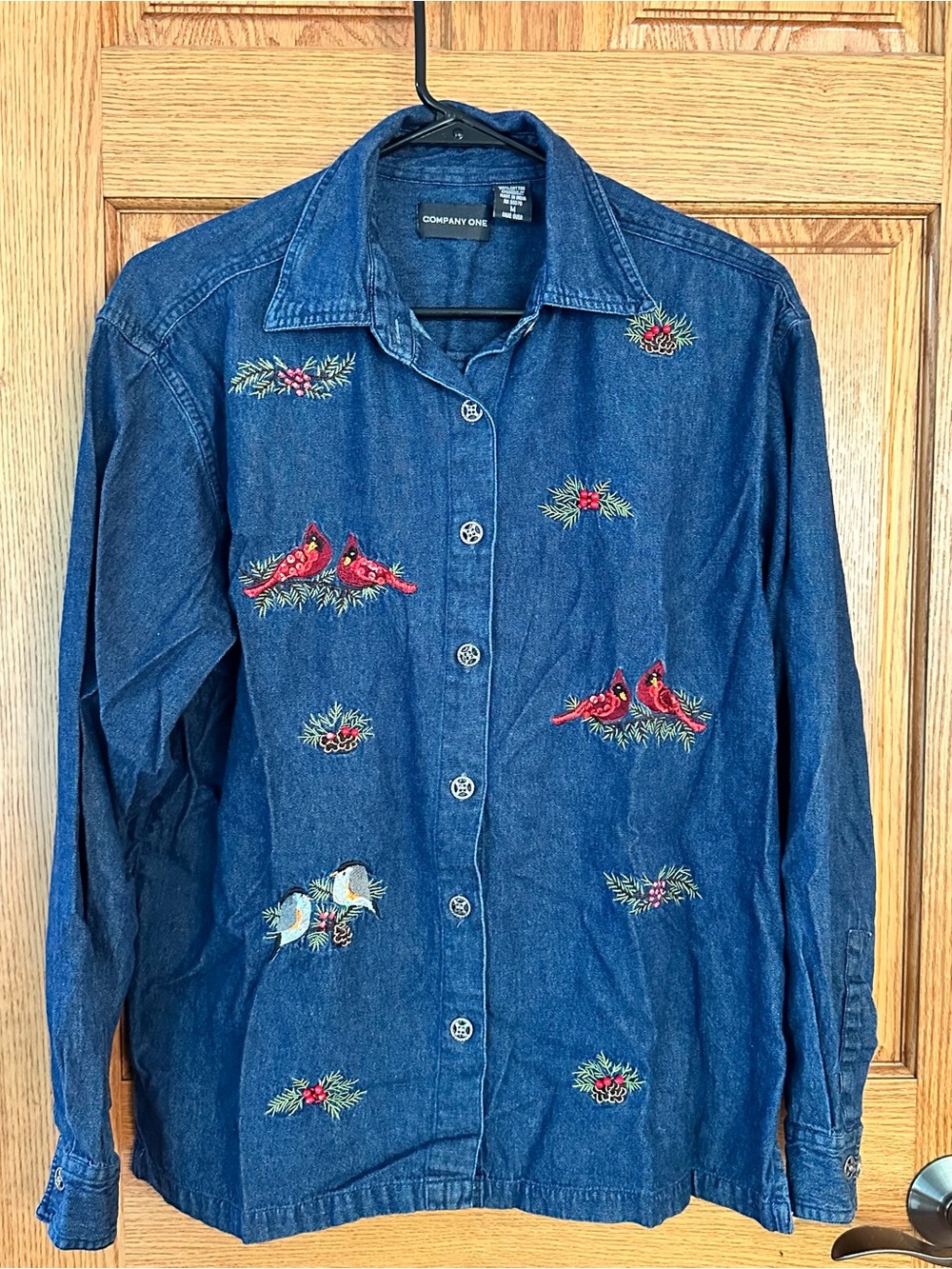 Vintage 90s Company One Embroidered Cardinal Denim Button Down Shirt. Size Med
